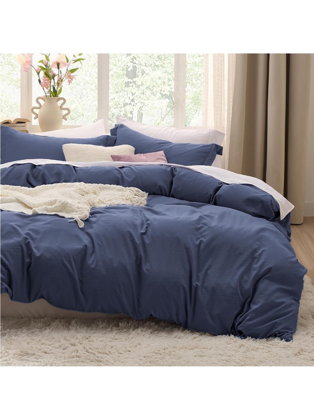 NEW Bedsure Prewashed Duvet Cover King, Cotton-Like Soft Bedding Set, Navy